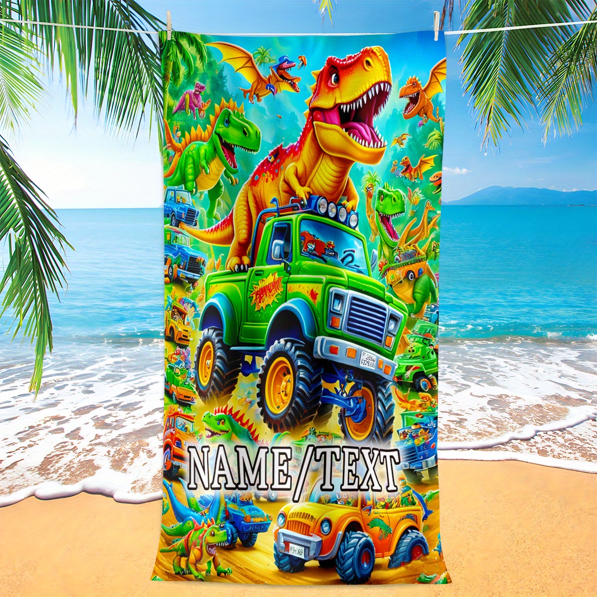 TEMU Custom 1pc Personalized Name/text, Dinosaurs Driving Truck Beach Towel - Soft, Absorbent, Lightweight & Quick-drying, Ideal For Beach, Pool,