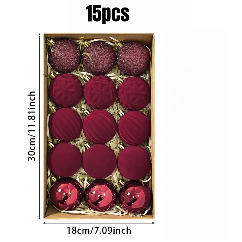 TEMU 15pcs Burgundy Christmas Ornament Gift Box, Containing A Of Embossed Flocked, Glitter, And Glossy Mirror Balls. A Vintage And Elegant Christmas