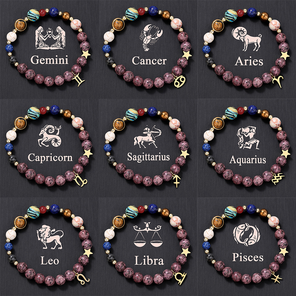 TEMU Women' Natural Stone Beaded Bracelet With 8 Planets & 12 Constellations - Stainless Steel Astrology Pendant, Beaded Couple Bracelet For Daily Wear Or Parties, Retro Sign Gift For & Women