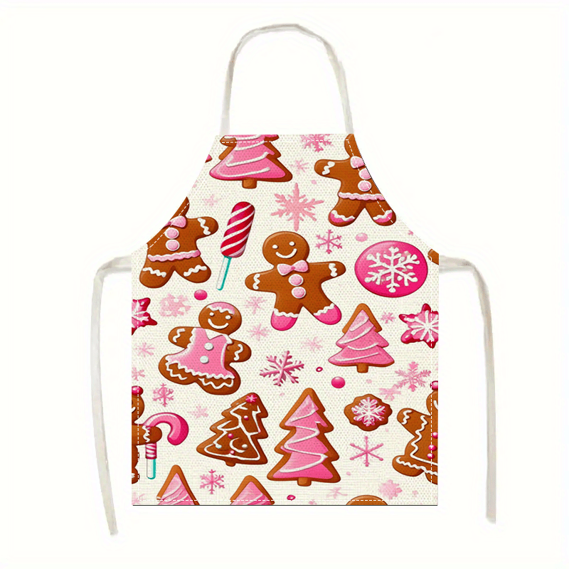 TEMU Ipc Christmas Gingerbread Man And Tree Pattern Polyester Apron, Decoration, Durable Sleeveless Apron Suitable For , Red Candy And Design,