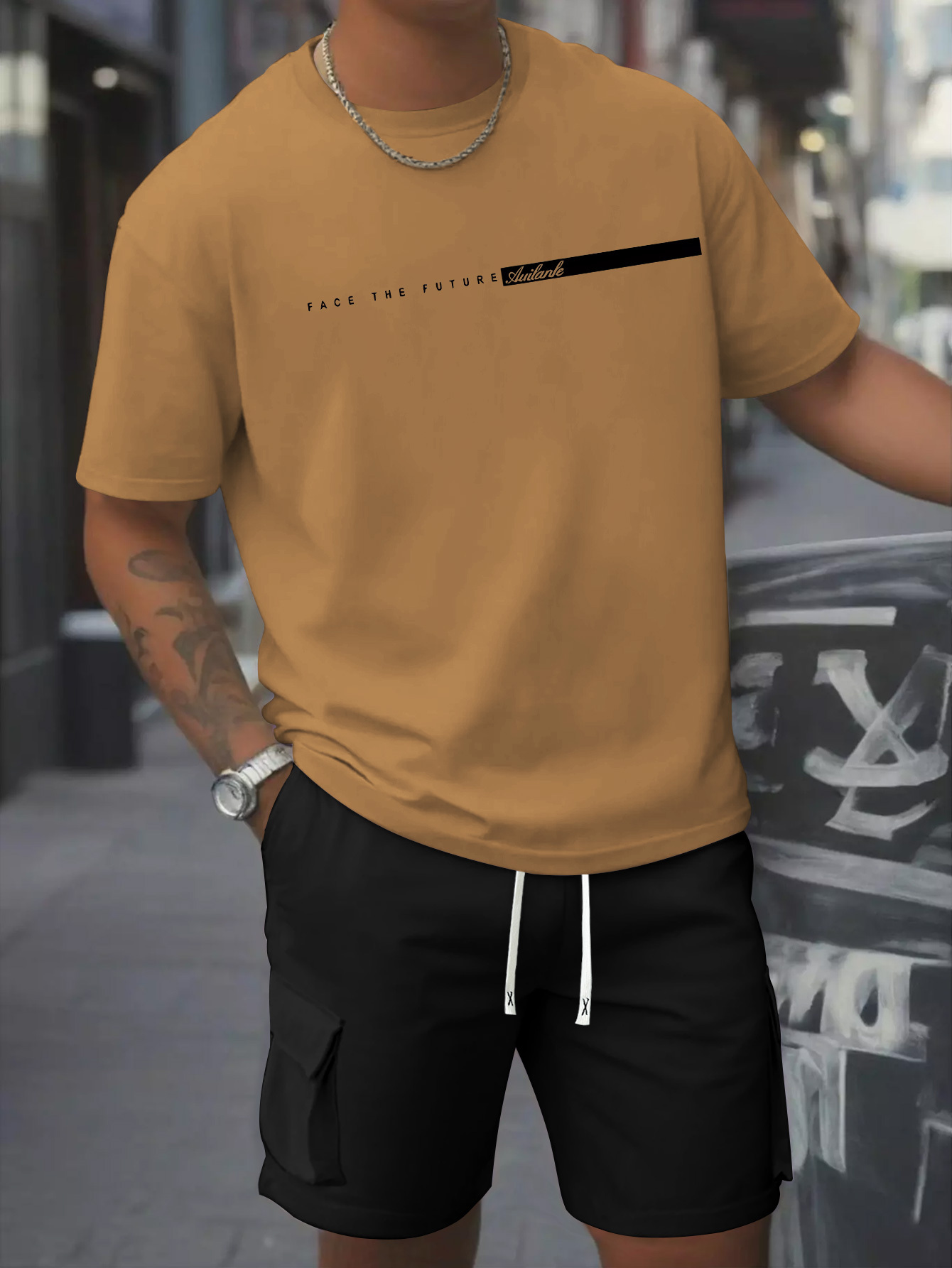 Print Men'S 2pcs Set, Round Neck Pure Cotton Short Sleeve T-shirt and Work Shorts Set, Suitable for Spring and Summer Exercises