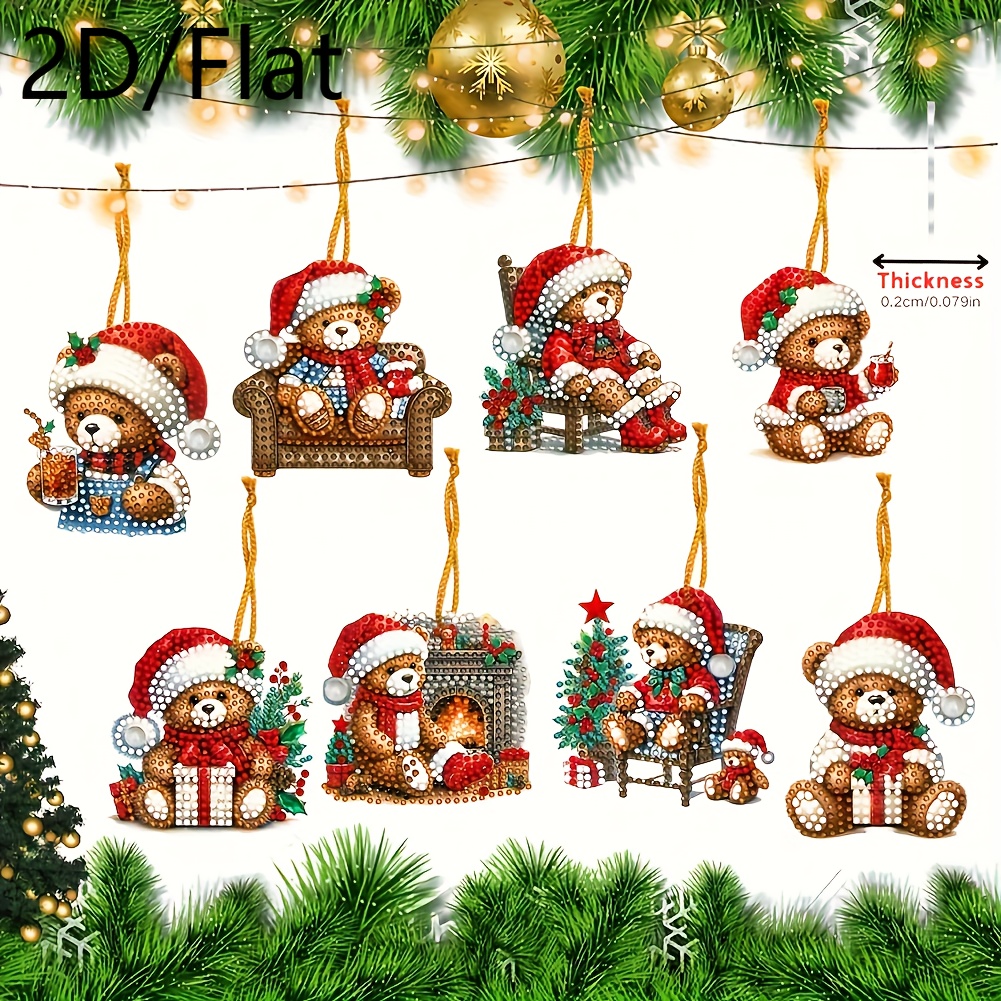 TEMU 2d Flatbed Printing Diamond Painting Kit 8pcs Christmas Ornaments, Hung On Christmas Tree, Teddy Bear Pendant Decorations, Christmas Party