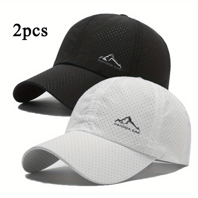 TEMU 2-pack Lightweight Quick-dry Baseball Caps, Minimalist Mountain Print, Black And White, Breathable Perforated Design, Unisex Outdoor Sports And