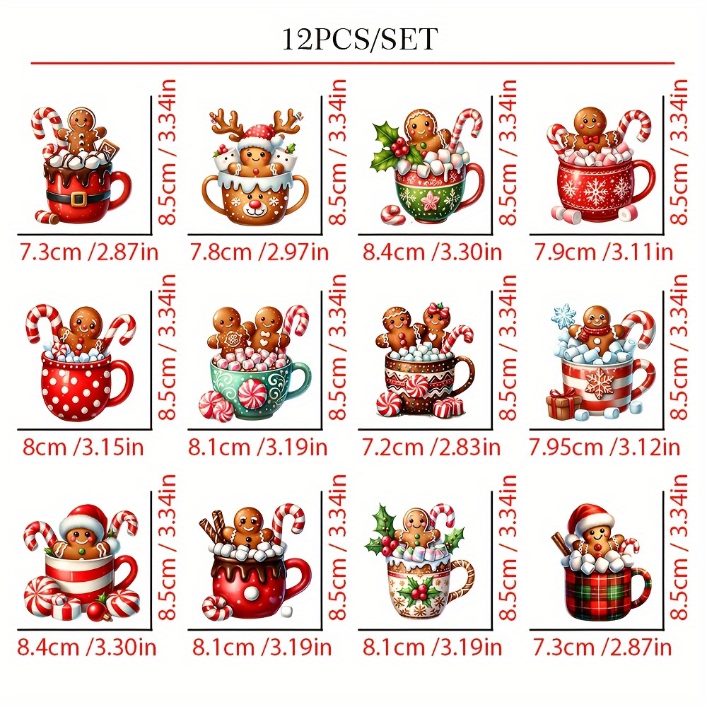 TEMU 12 transferencias termoadhesivas de Hombre de Pan de Jengibre Navideño - Diseños de Gorro de Papá Noel y Copo de Nieve, para Camiseta, Jeans,