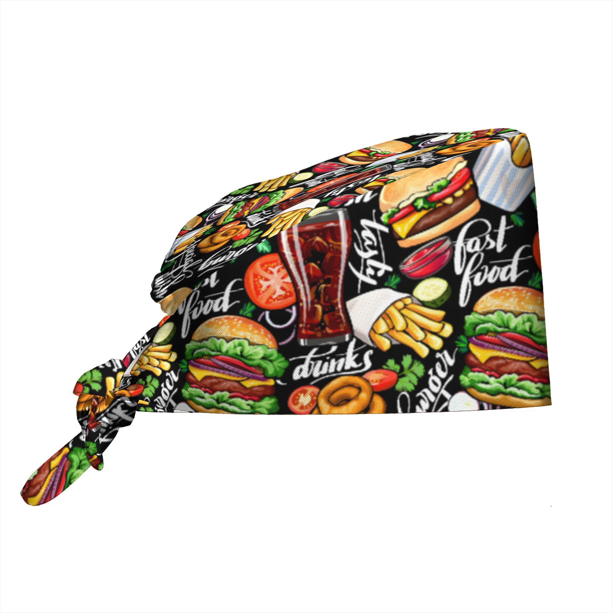 TEMU 1 cappello da lavoro stampato per donne con hamburger e fritte - Cappello e regolabile, cappello da infermiera con lacci posteriori, cappello da