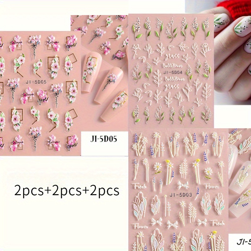 6 Sheets Of 5d Embossed Nail Stickers Acrylic Embossed Nail Stickers Pink And White Flowers, Leaves, Cherry Adhesive Stickers Diy Nail Decorations