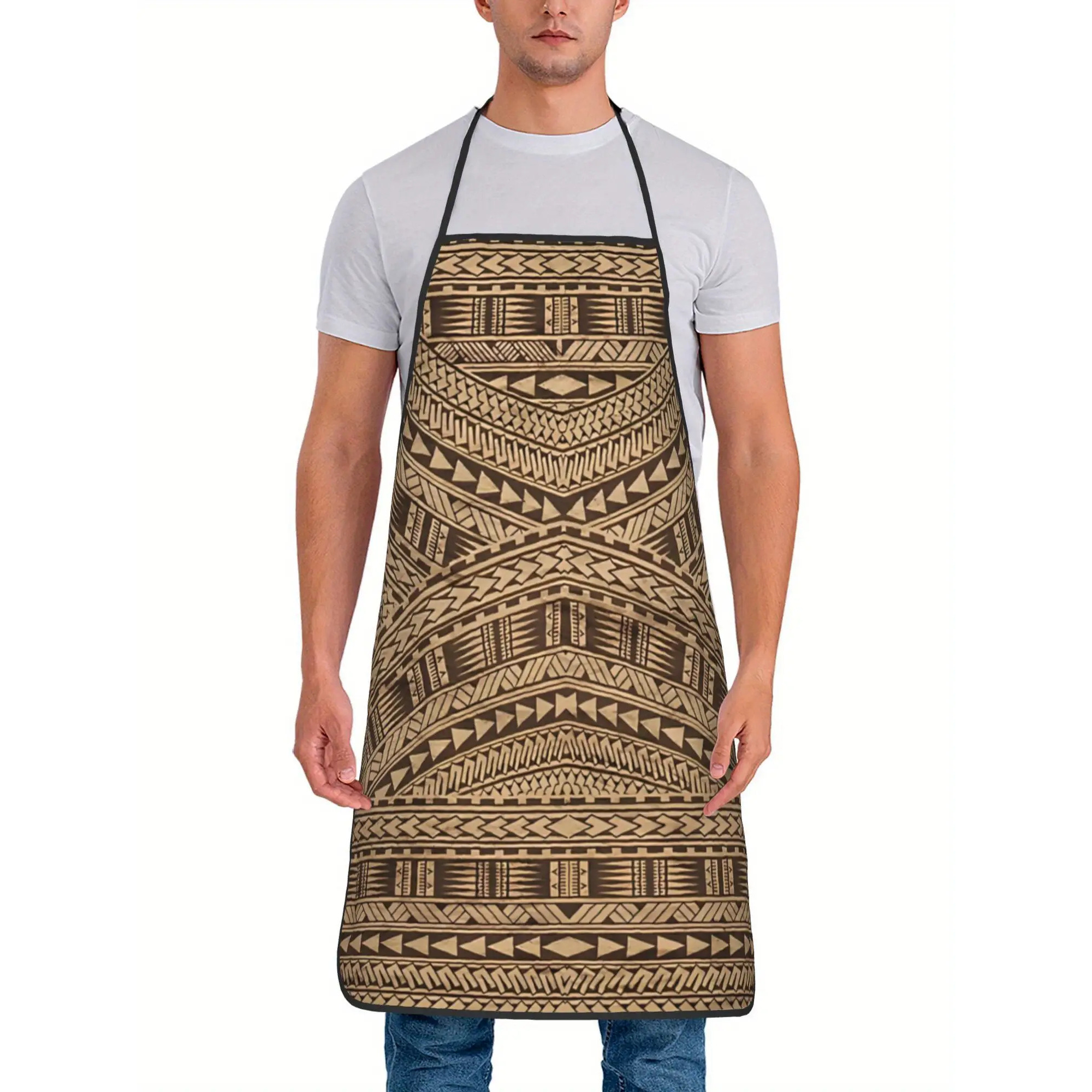 TEMU Jit1 Vintage Samoan Print Apron - Brown And Beige Geometric Pattern, 60*80cm, Restaurant Cooking And Service, Restaurant Uniform | Retro Style