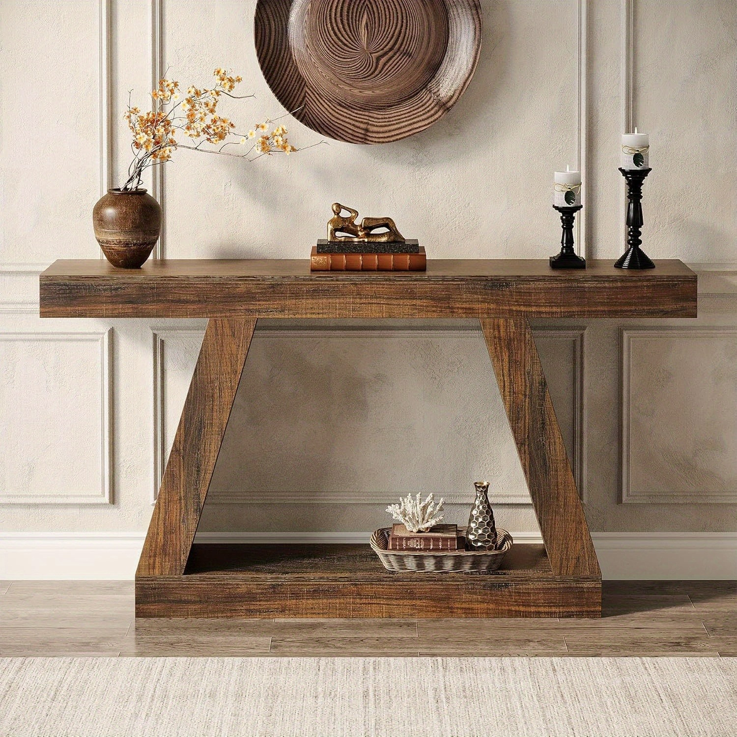 55-inch Console Table With Storage Shelf - Rustic Industrial Sofa Table Suitable For Entryway, Hallway, Living Room, Dark Brown Wood Table With Wood Top & Frame, For Hall Centerpiece