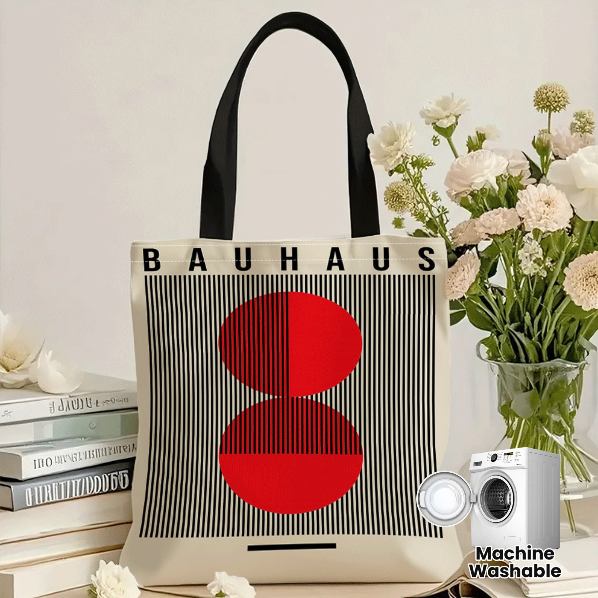 TEMU 1pc Bauhaus-style Large Tote Bag - Modern Minimalist Foldable Reusable Shopping Bag With Bauhaus Geometric Line & , Durable Suitable For School,