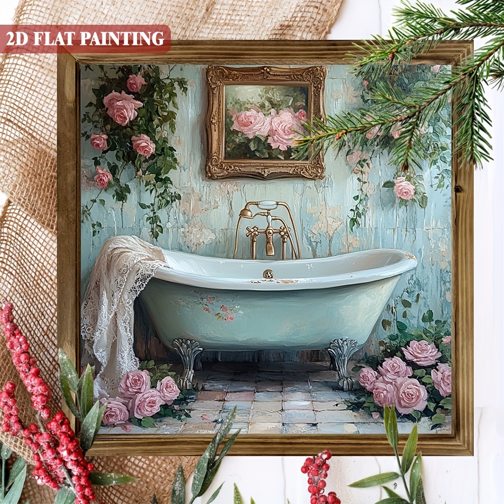 TEMU 2d Flat, 2d Flat - 1 Floral Bathroom Art Wooden Sign, Elegant Bathtub And Rose Wall Hanging Decor With Frame, Suitable For Home, Cafe, Office,