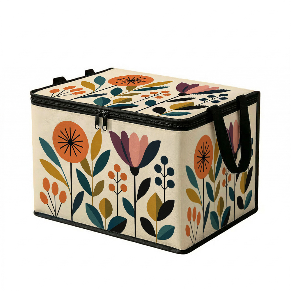 TEMU 1pc Abstract Botanical And Geometric Floral Storage Bin With Lid Mid-century Modern Print, Soft Fabric Large Capacity, In Sizes, Perfect For