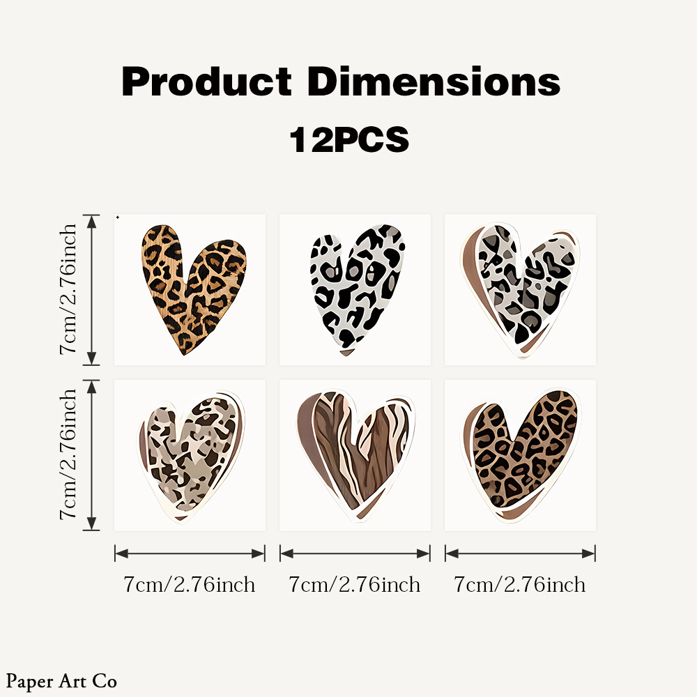 Image of 12pcs Leopard Print Heart Uv Transfer Stickers. Hearts With Leopard And Wood Grain Patterns, Modern Boho Aesthetic, Suitable For Water Bottle Stickers, Phone Case Stickers, Laptop Stickers, Etc