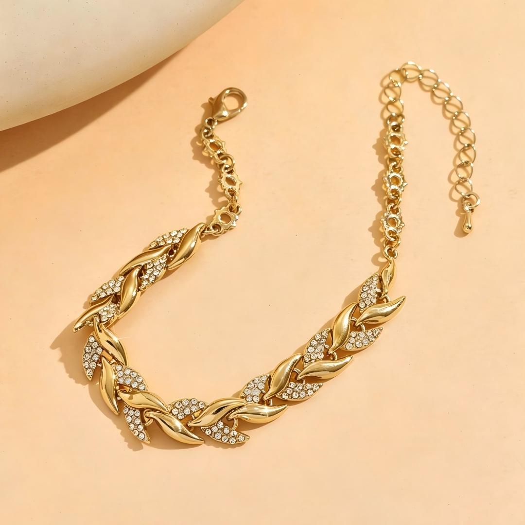 Golden Tone Rhinestone Leaf Chain Anklet