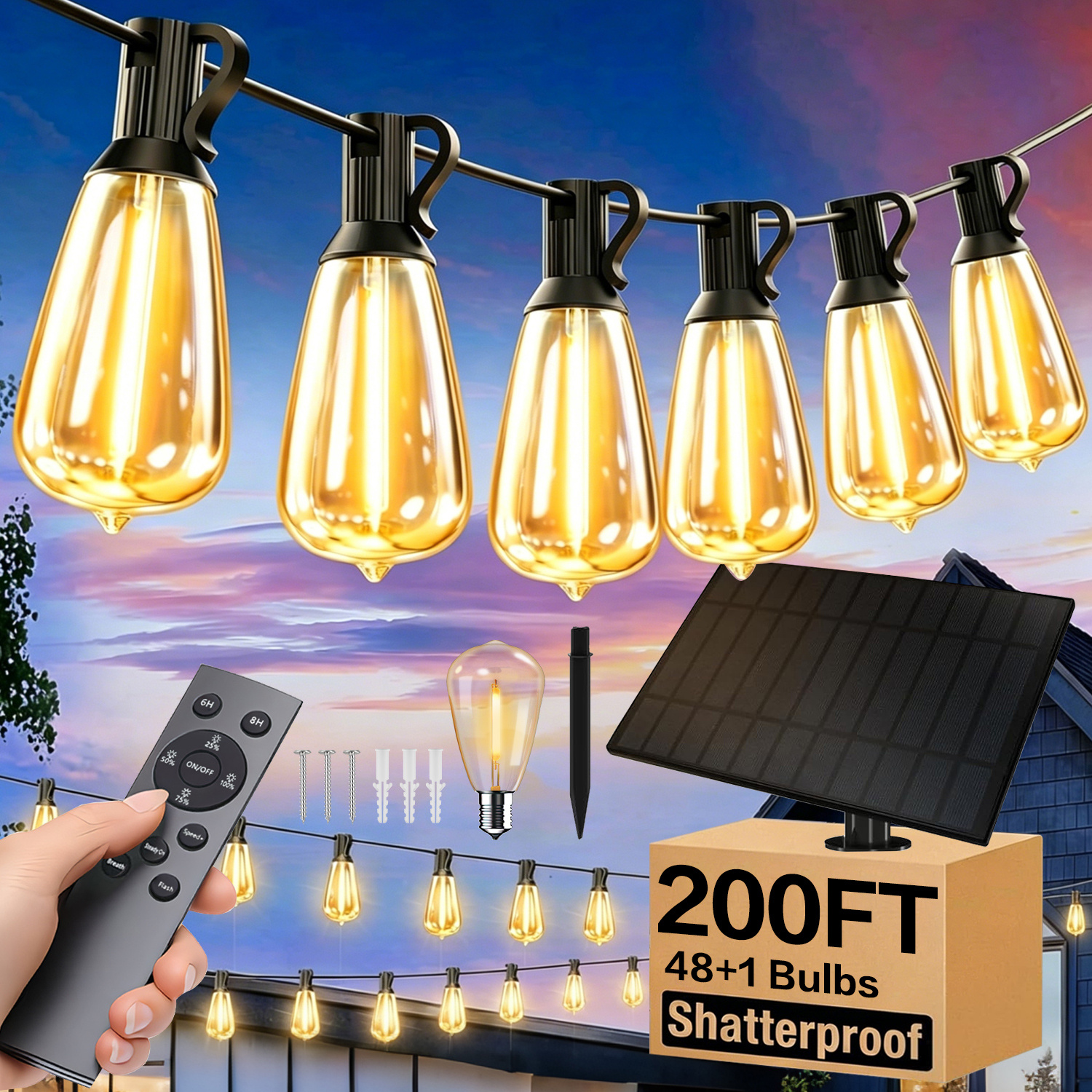 TEMU 50/100/120/150/200ft Solar Outdoor String Lights With Remote Control & Dimmable Led, St38 Suitable For Backyard, Garden, Patio, Wedding,