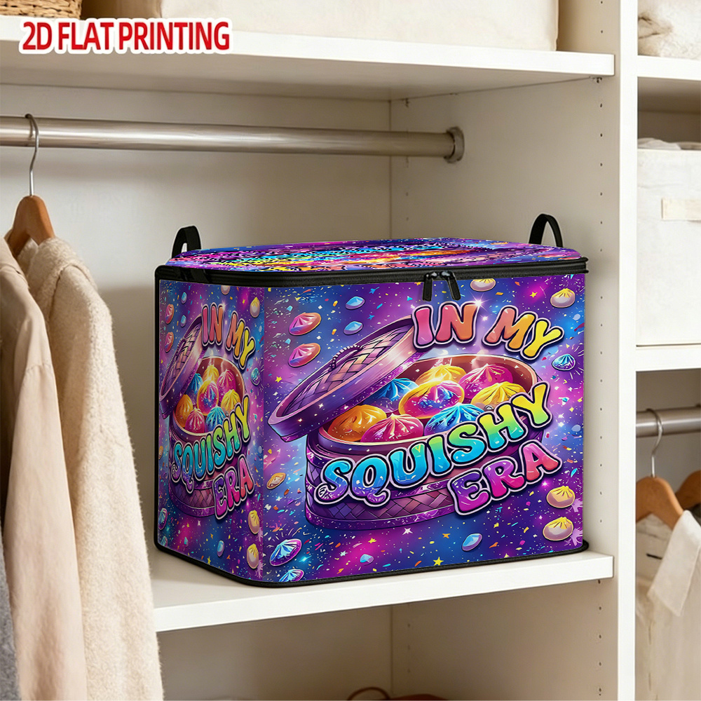 TEMU 1pc Cute Cartoon Baozi Squeeze Printed Zipper Large Capacity 2d Storage Box Foldable Fabric Organizer, Flat Storage For Spare Items, Squeeze