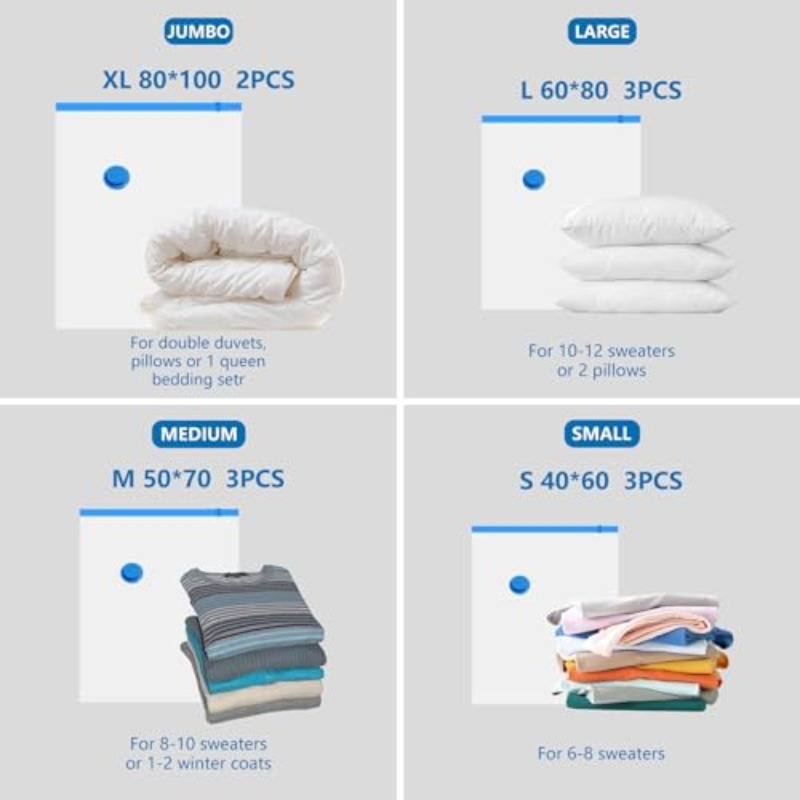 TEMU 12pcs Vacuum Storage Bags(with Pump) For Clothes With Airtight Valve And Hand Pump, 2 Jumbo-xl, 3 Large, 3 Medium, 3 Small, Zippered, Clear,