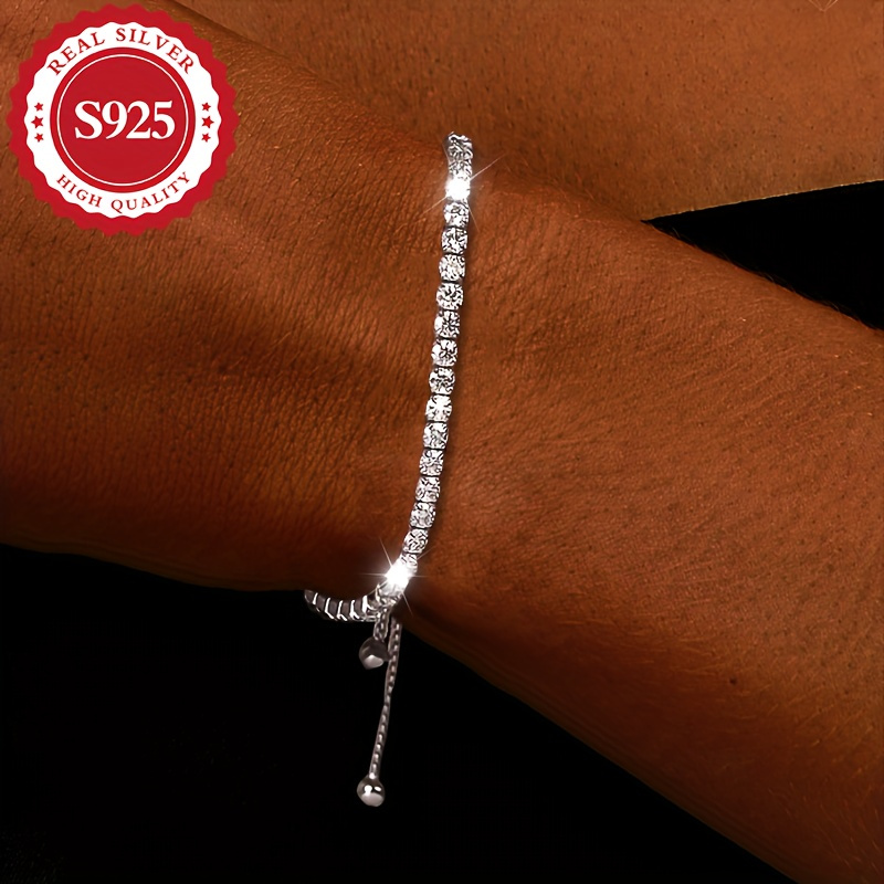 TEMU A Stylish And Flexible S 925 Sterling Silver Bracelet With Shimmering Synthetic Zirconia, Ideal For Women - A Hypoallergenic, Stretchy, And Use