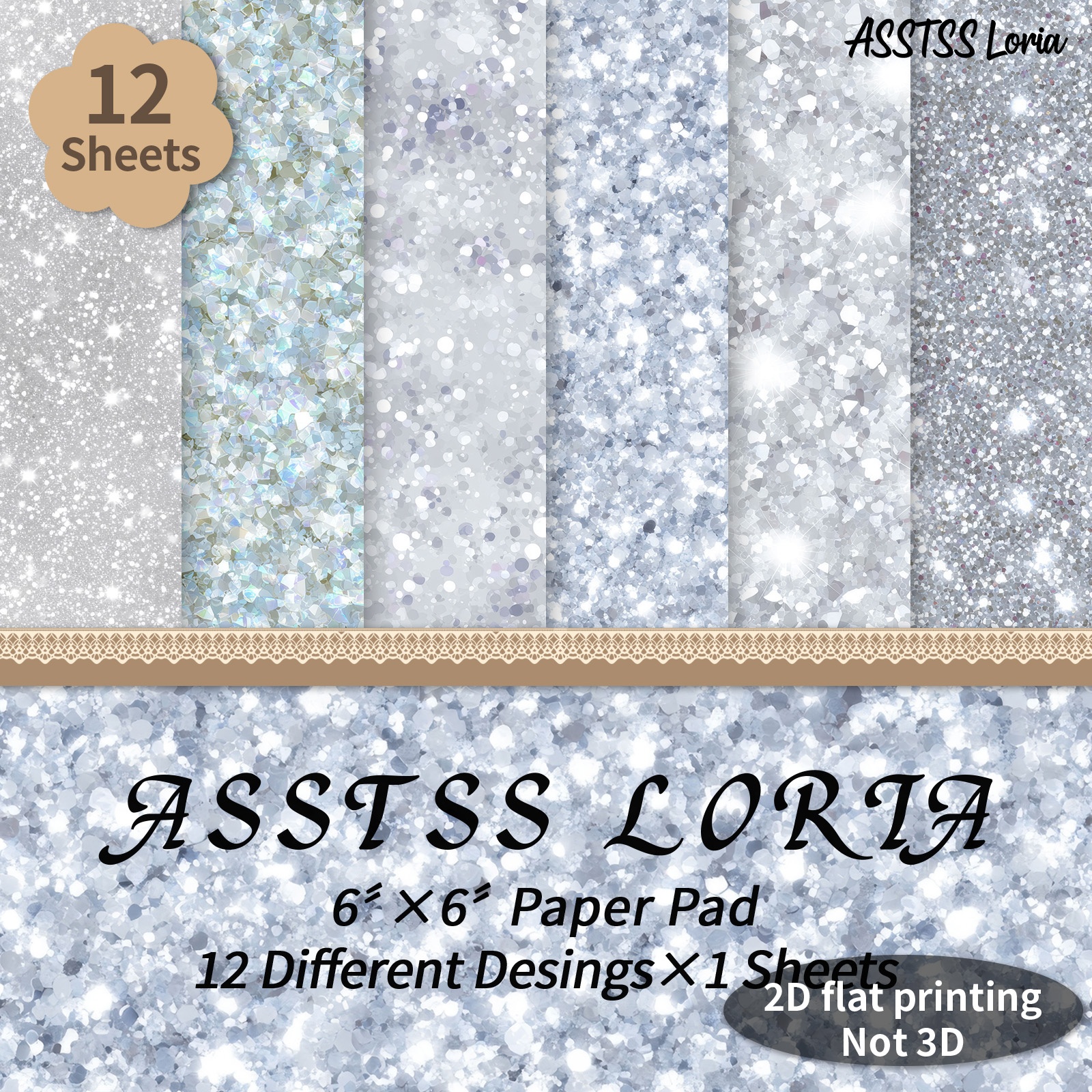 TEMU 12-sheet Asstss Loria 6x6 Inch Scrapbooking Paper Pad, White Glitter Plane/2d Backing Paper Supplies, Heavyweight Cardstock For Journaling,
