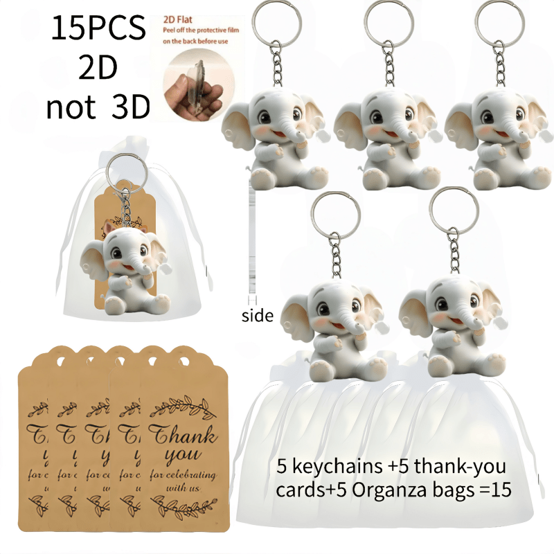 TEMU Lot de 15 porte-clés éléphant 2D plats, (5 porte-clés acryliques 2D et 5 cartes de remerciement et 5 sacs cadeaux en organza) - Articles