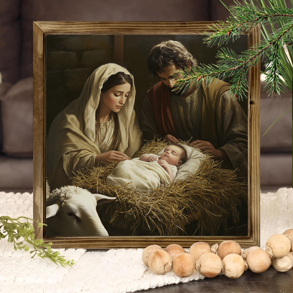 TEMU Handcrafted 8x8 Inch Solid Wood Nativity Scene Wall Art - Traditional Manger Scene With Mary, &, Christmas Decoration For Farmhouse, Or Office -