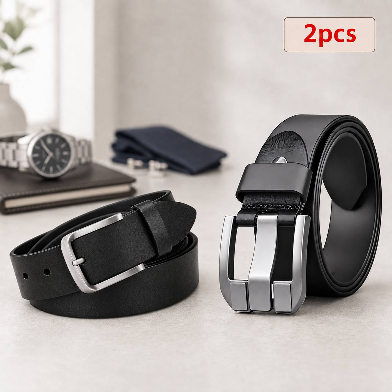 2pcs Men's Genuine Leather Belt Set, Classic Pin Belts, Adjustable Black/brown Waist Belts For Jeans, Dress, Business& Casual Wear, Gift For Men