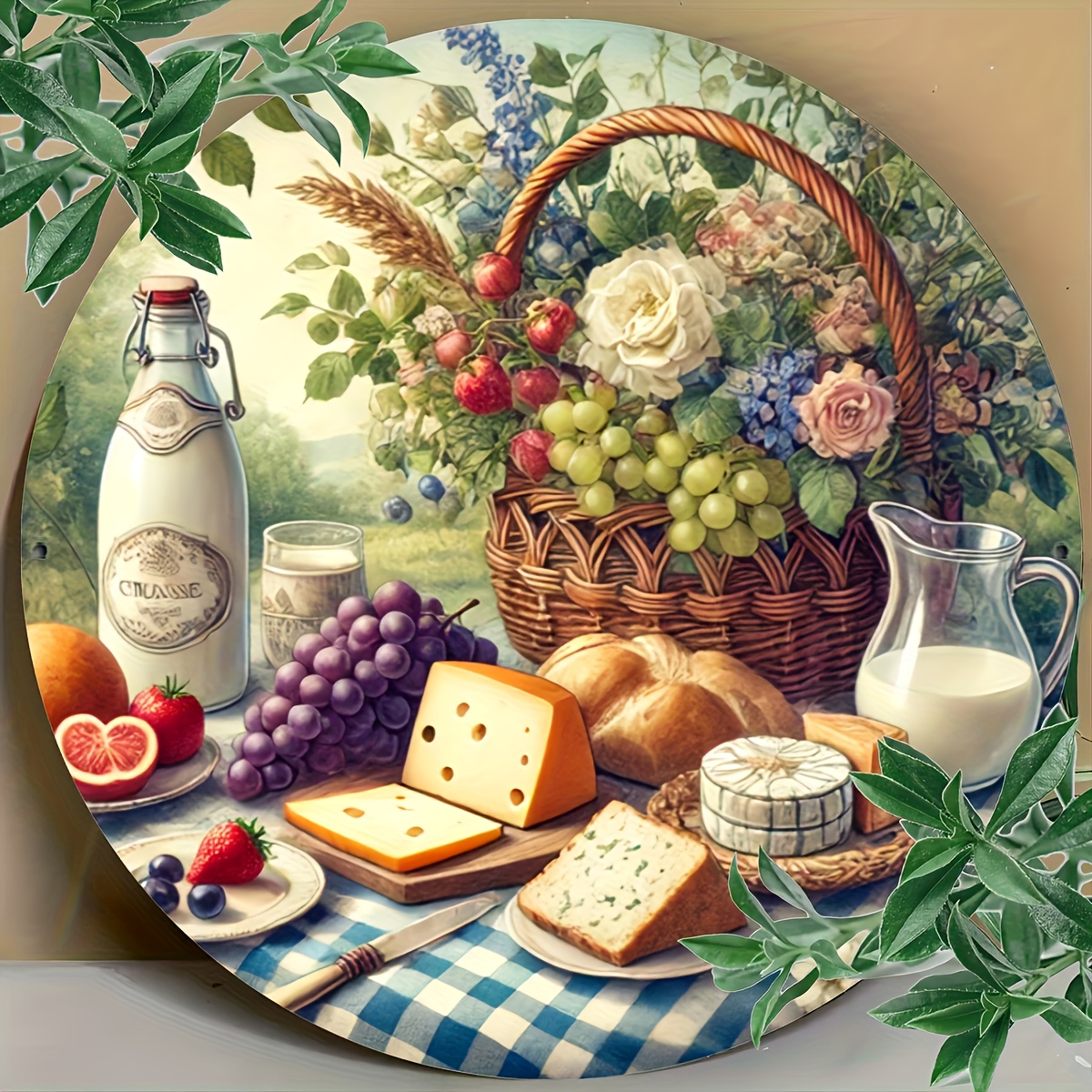 TEMU 2d Flat Surface, Round Wooden Wall Art - Cheese, Bread, Grapes, And Carton Designed Theme Decorative Plate - Perfect For Porch Or Kitchen Decor,