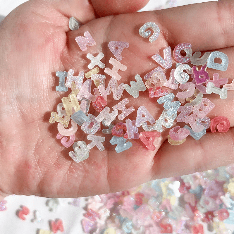 Image of 200pcs Mix Letter Nail Charms Candy Color With Glitter Resin Nail Rhinestones Kawaii Flatback Alphabet Diy Craft Nail Supplies