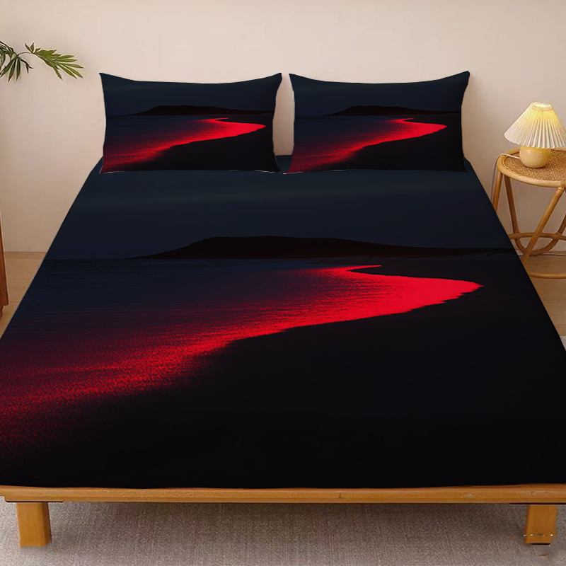 TEMU 1pc Fitted Sheet With A Stunning Nighttime Red-glowing Scenery Pattern, A Single Deep-pocket Fitted Sheet Only, No Pillowcases, Made From Soft,