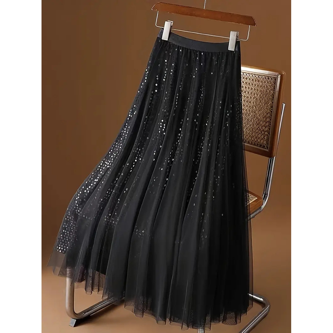 

1pc Elegant A-line Polyester Skirt With Sequin Detail, Solid Color Long Flowy Pleated Midi Skirt For Spring/fall, Sequin Knit Fabric