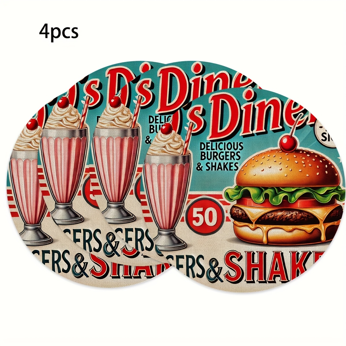 Image of 4pcs Retro 1950s Restaurant Large Coasters- And Milkshake Pattern, Round Wooden Heat-resistant Mats, Suitable For Home Kitchen, Theme Parties, And Retro Dining Decorations, Bright Printed Quality