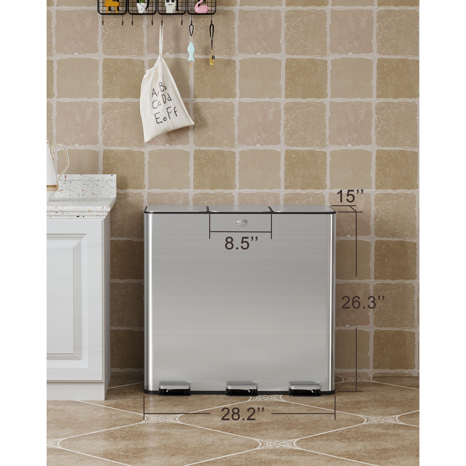 90l Kitchen Waste Bin With 3 Compartments, Featuring Lids, Detachable Inner Bins, And Foot Pedal Operation, Perfect For Home, Office, Or Restaurant Use