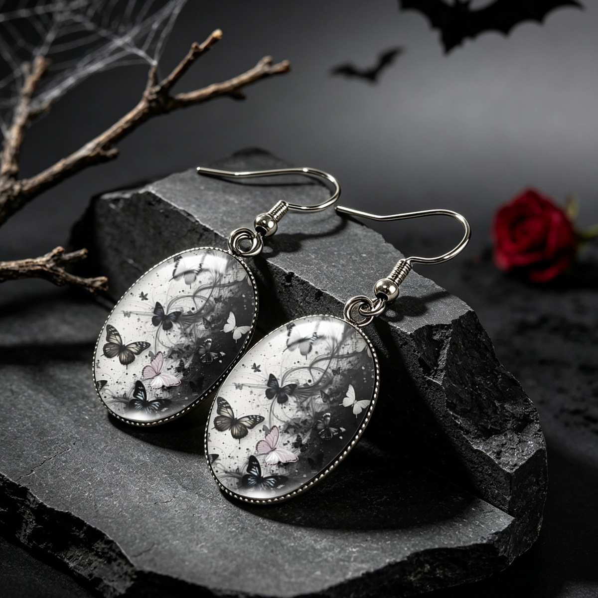 Black And White Gradient Butterfly Oval Glass Cabochon Earrings