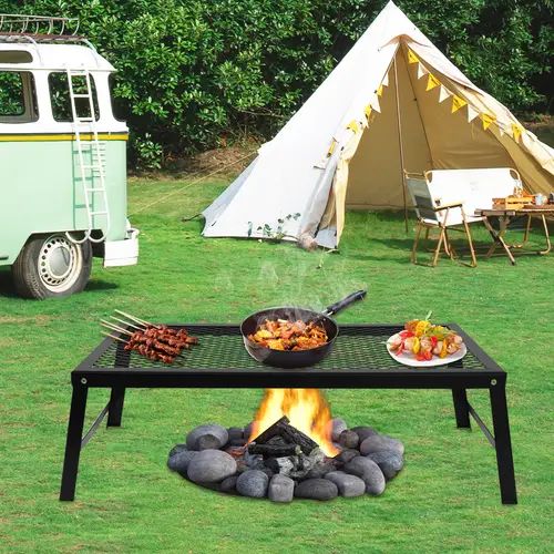 metal folding camping grill portable fire cooking grate with legs foldable steel mesh bbq pit supports frying pan for picnic campfire outdoor cooking