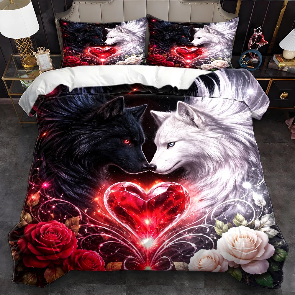 TEMU 3pcs Romantic Black Wolf And White Wolf With Duvet Cover Set, 1 Duvet Cover   2 Pillowcases, 3pcs Bedding Suitable For , Machine Washable