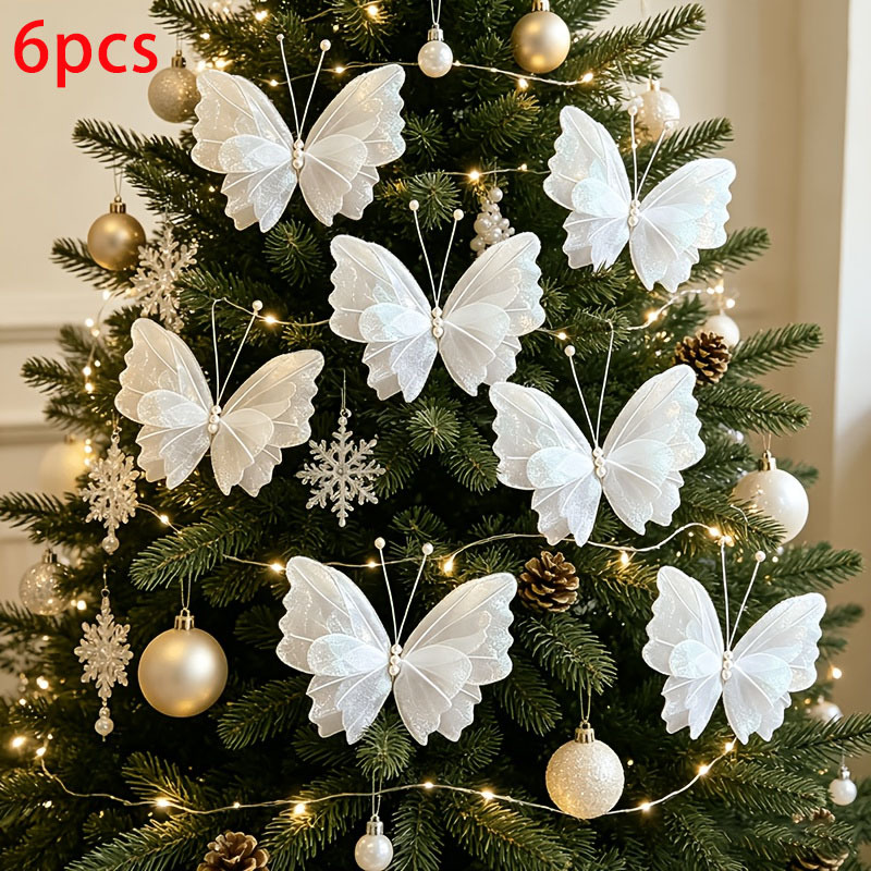 TEMU 6 piezas de decoraciones colgantes de mariposas de organza, mariposas de Navidad colgantes, decoración navideña de mariposas de organza perla,