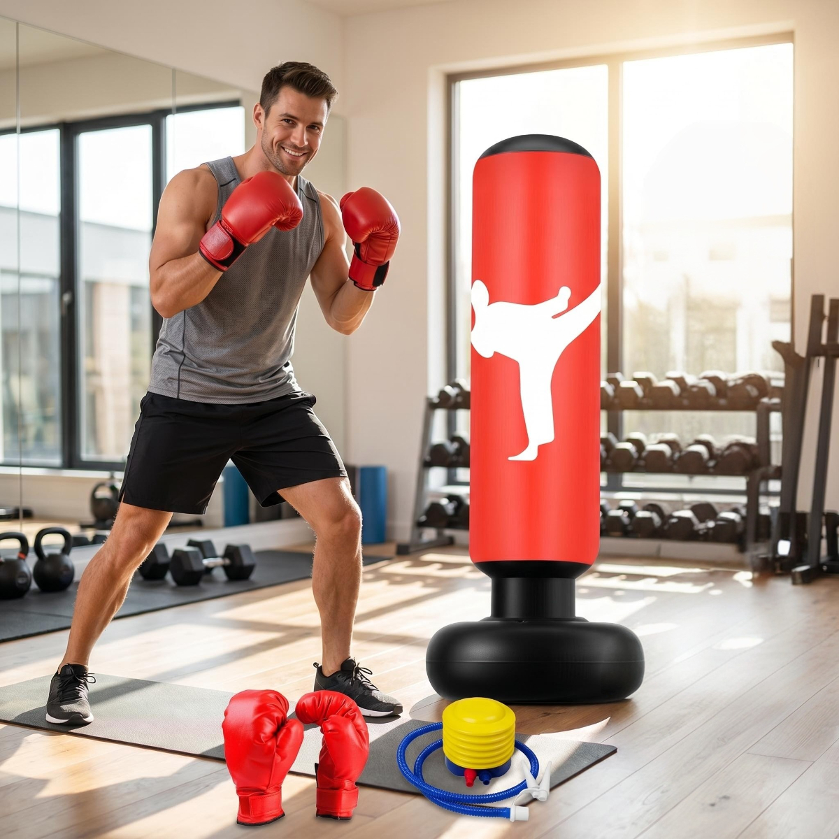 Inflatable Standing Punch Bag Set, 160cm With Gloves, Home Boxing Kickboxing Training Equipment, Karate Taekwondo Starter, Standing Punch Bag