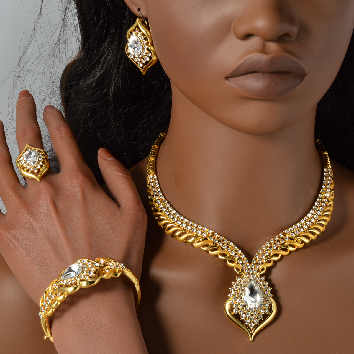 1 Set Elegant Copper Jewelry for Women - Luxury Teardrop Pendant Necklace, Bracelet, Ring, and Earrings with Synthetic Zirconia - Middle Eastern Style for Wedding, Party, Ramadan - All-Season Gift Set