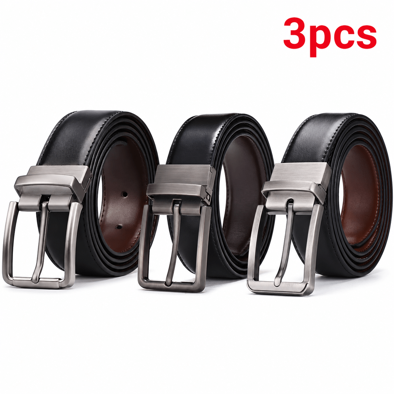 Image of 3pcs Stylea, B, 's Reversible Belt, Black& Brown 2-in-1 Glossy Belt, Classic Pin Waist Belt, Adjustable Business Casual Belt For Jeans And Dress Pants, Perfect For Work, Travel And Daily Wear.