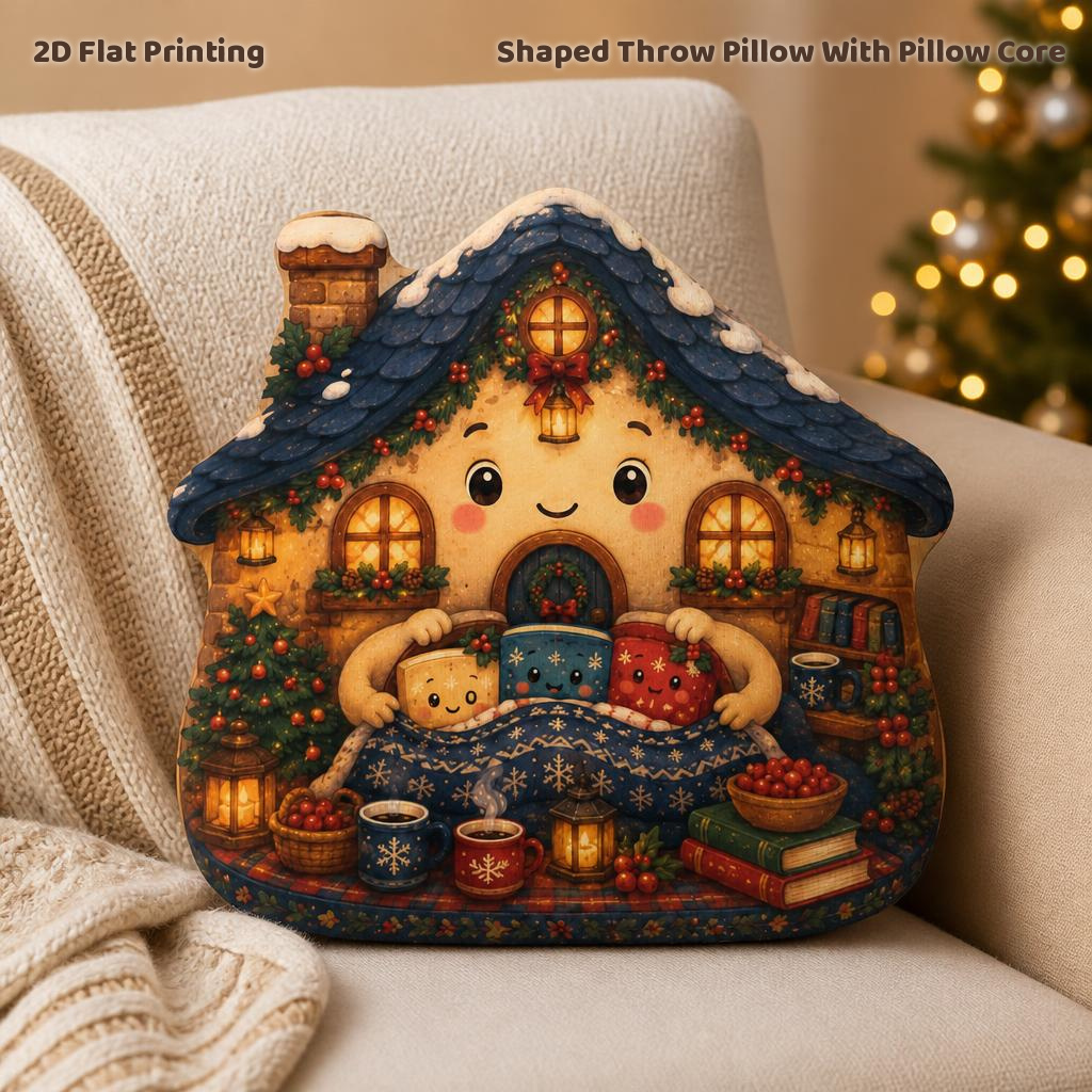 item picture christmas little chapel cottage tucking friends in shaped throw pillow gentle   decorative cushion for bedroom cozy   seasonal home decor 2d flat printing shaped stuffed throw pillow