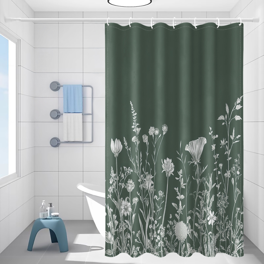 TEMU 1pc White Nature Print Shower Curtain, Style Bathroom Home Decor With Plastic Hooks, Suitable For Machine Washable Curtain Bathroom Shower