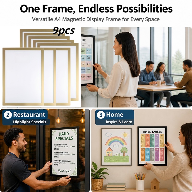 TEMU 9pcs Set Golden A4 Magnetic Self-adhesive Photo Frames – Portable Wall-mounted Plastic Photo And Document Display Frames, Suitable For Photos,