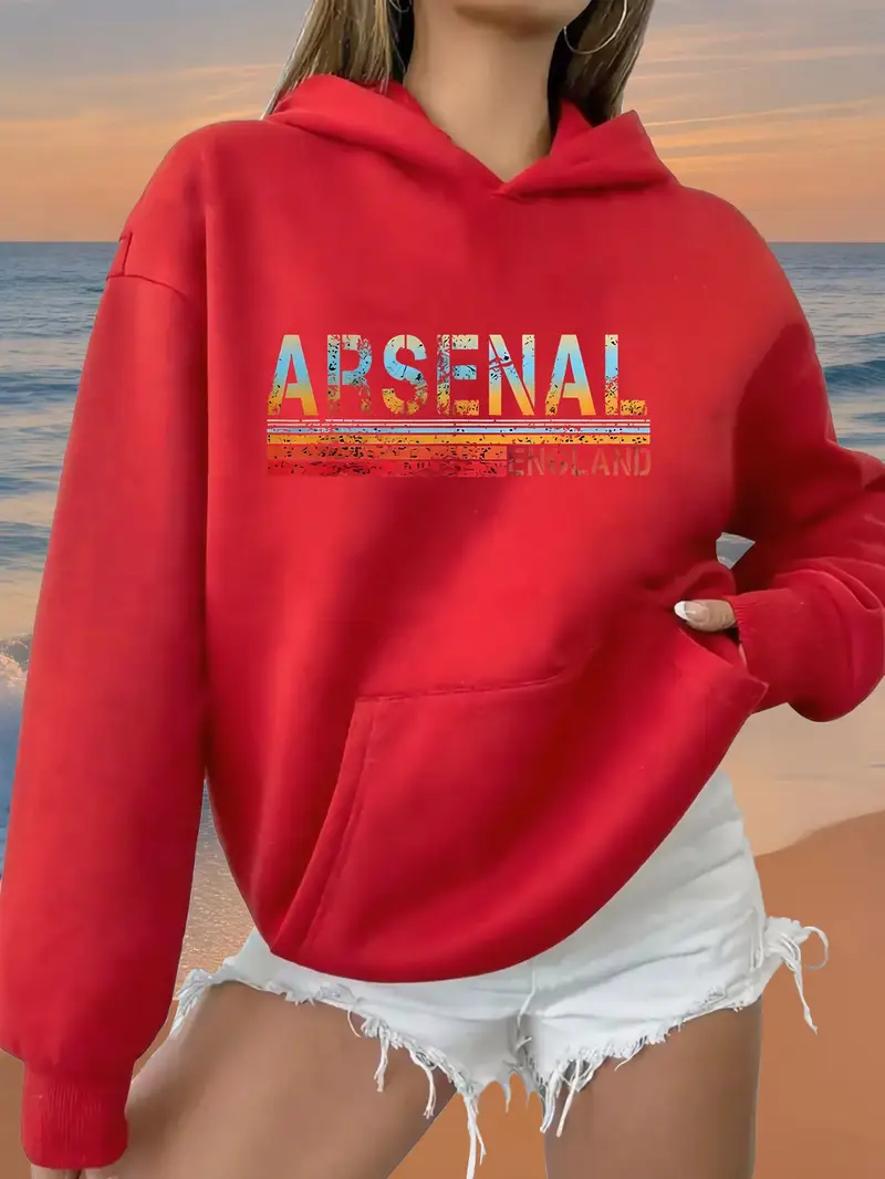 Red Women's Casual Hooded Sweatshirt with Arsenal England Graphic Print
