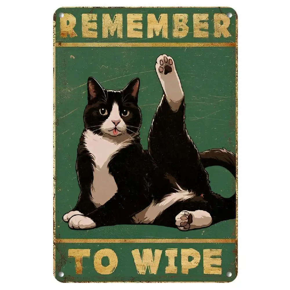 TEMU Funny Tuxedo Cat 'remember To Wipe' Metal Wall Sign - Vintage Bathroom Decor With Black & White & Toilet Paper Icon, Distressed Green/yellow