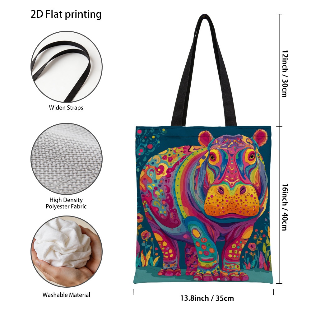 TEMU 1pc Stylish Colorful Hippopotamus Art Design Canvas Tote Bag, Vibrant 2d Printed Reusable Grocery Bags, Spacious Shoulder Handbag For Work,