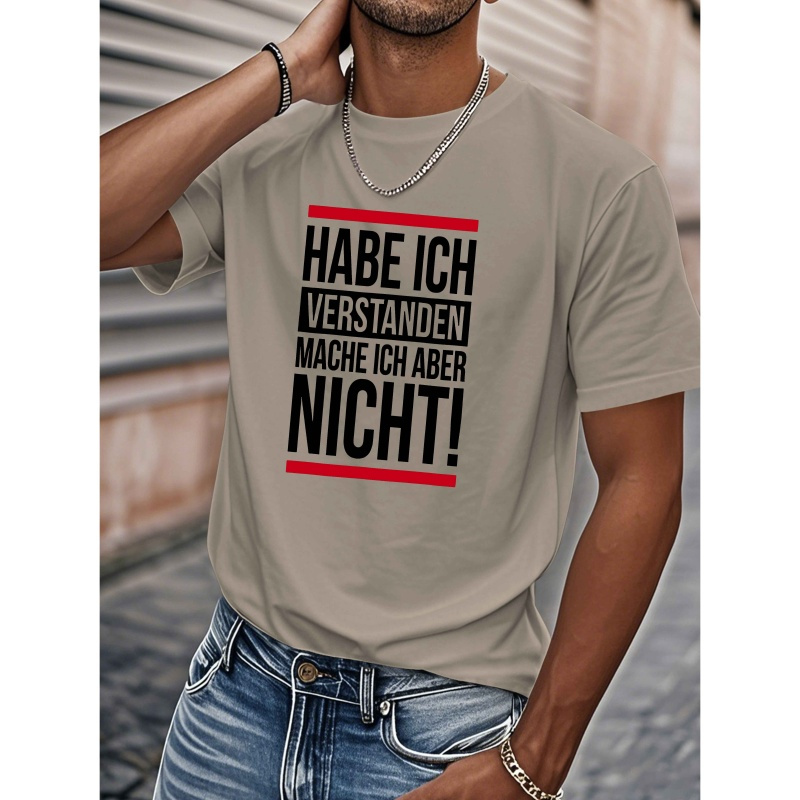 

Men's Casual Crew Neck T-shirt - 100% Polyester Knit Fabric With Geometric Pattern, Regular Fit, Stretch For Summer - German Slogan Print Top