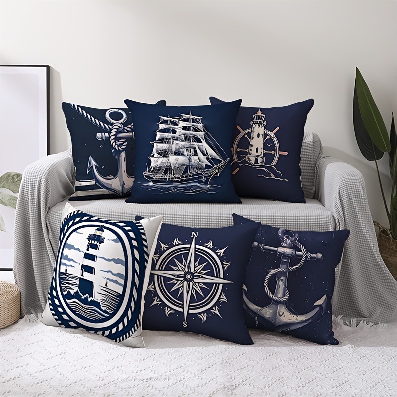 TEMU 6pcs Set - Single-sided Print Modern Nautical Pillowcases With Anchor And Lighthouse Pattern, Living Room Sofa Cushion Covers, Home Decor