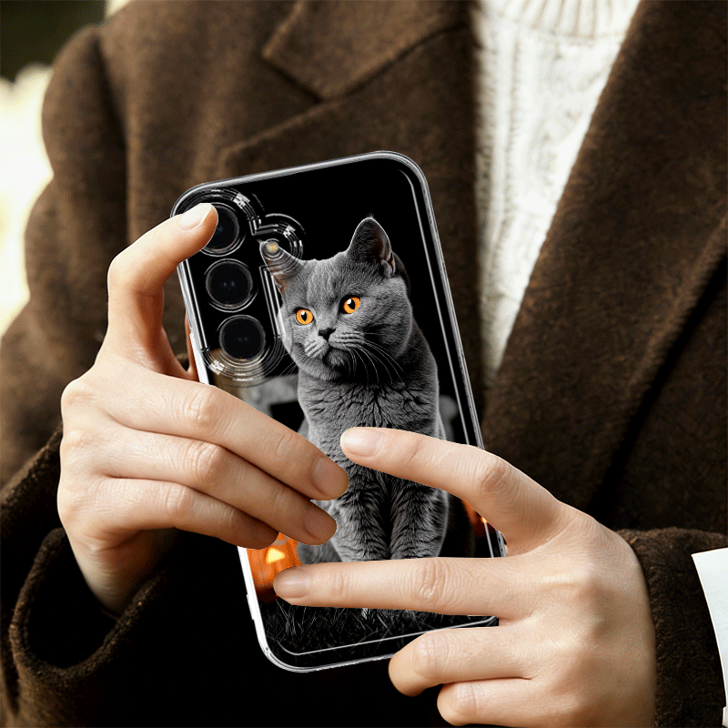 Husă Telefon - Husă Gri-Negru cu Pisicuță, Potrivită pentru Samsung Galaxy A05 A05S A06 A07 A12 A13 A14 A15 A16 5G A17 A21S A22 A23 A24 A25 A26 A32 A33 A34 A35 A36 A52 A53 A54 A55 A56 S21 Ultra S22 Plus S23+ S24 FE S25 Edge, Carcasă Telefon Mobil