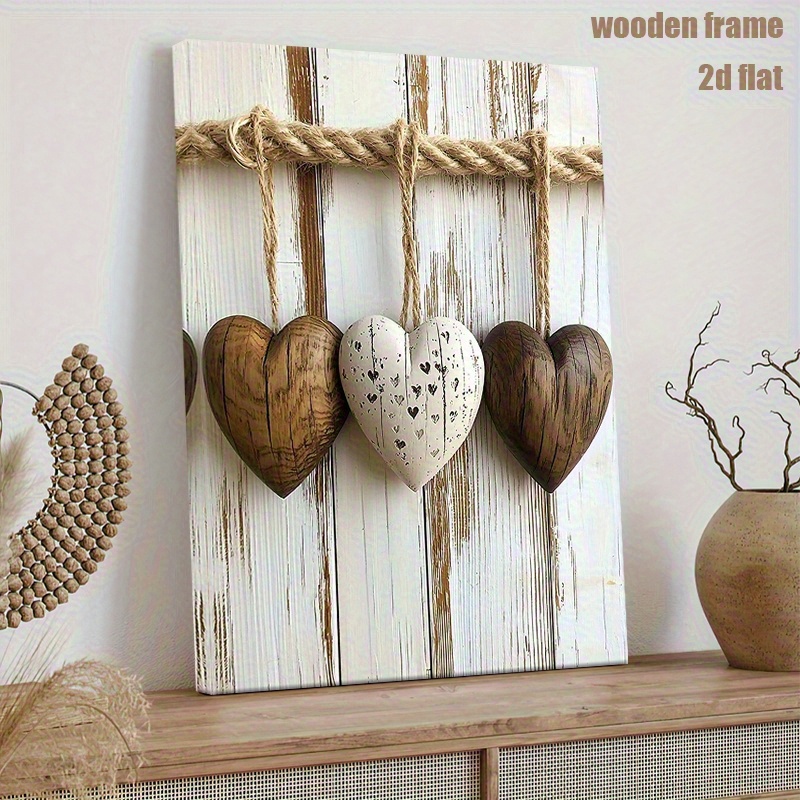 TEMU 2d Flat, 2d Flat, 1pc Wooden Frame Canvas Wall Art - Retro Abstract Nordic-inspired Decorative Painting With Heart Cutouts & Distressed White