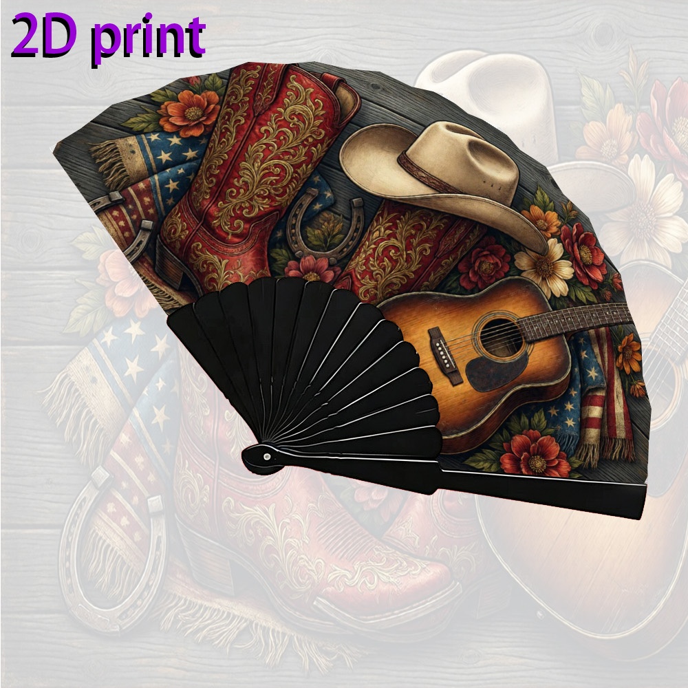 TEMU Éventail pliant plat 2D, 1 pièce, 7 pouces, élégant, avec impression 2D et - Thème collage d' de cowboy vintage western, léger et portable pour