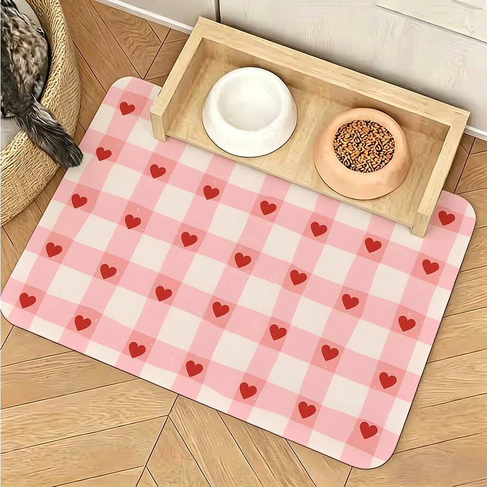 TEMU 1 pièce, Tapis de repas pour animal de compagnie à motif écossais et cœurs, Base en caoutchouc antidérapante, Motif à rose et blanc avec cœurs